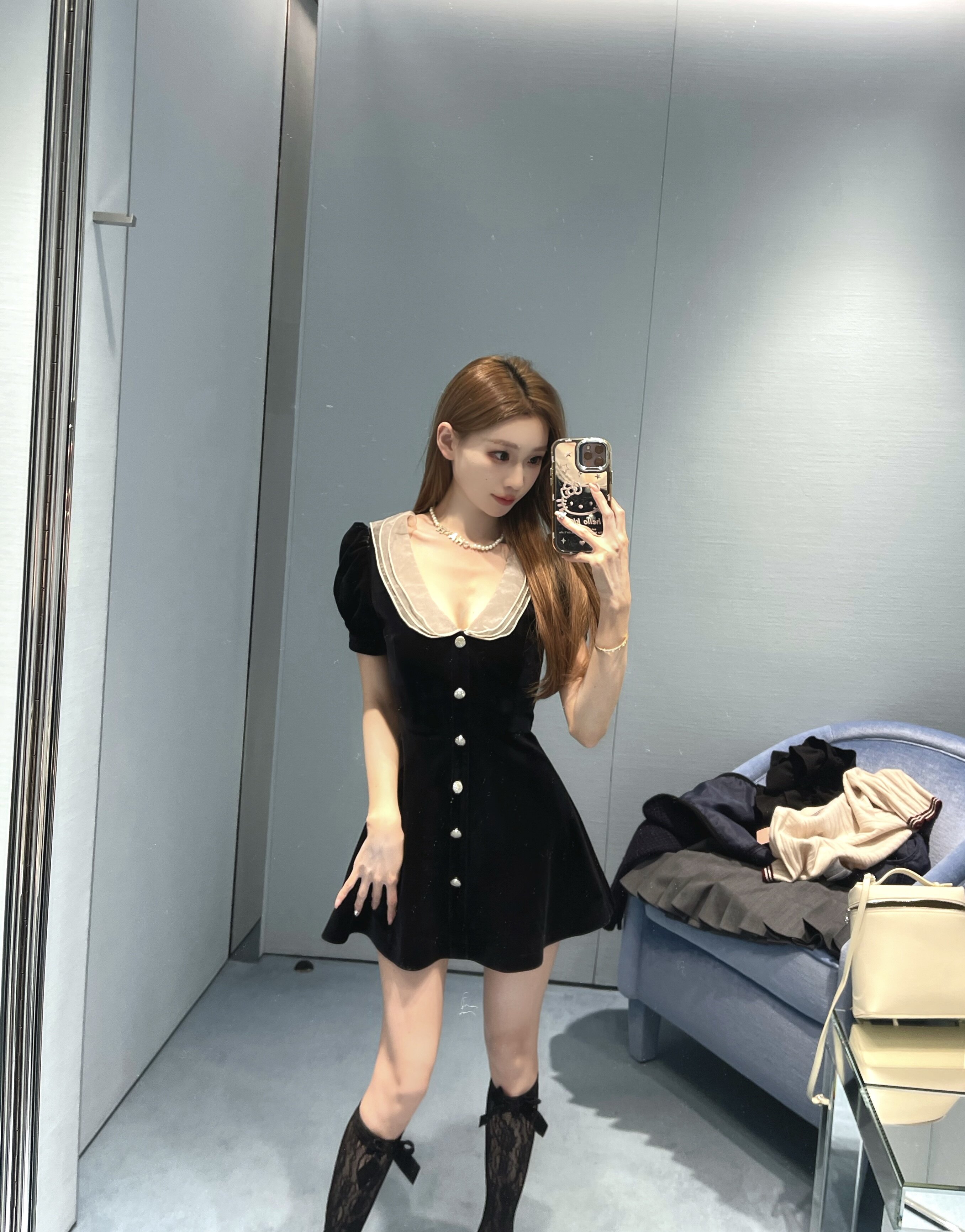 COOLLINE林子熙 少女心事 miu系丝绒裙收腰礼裙泡泡袖黑色连衣裙