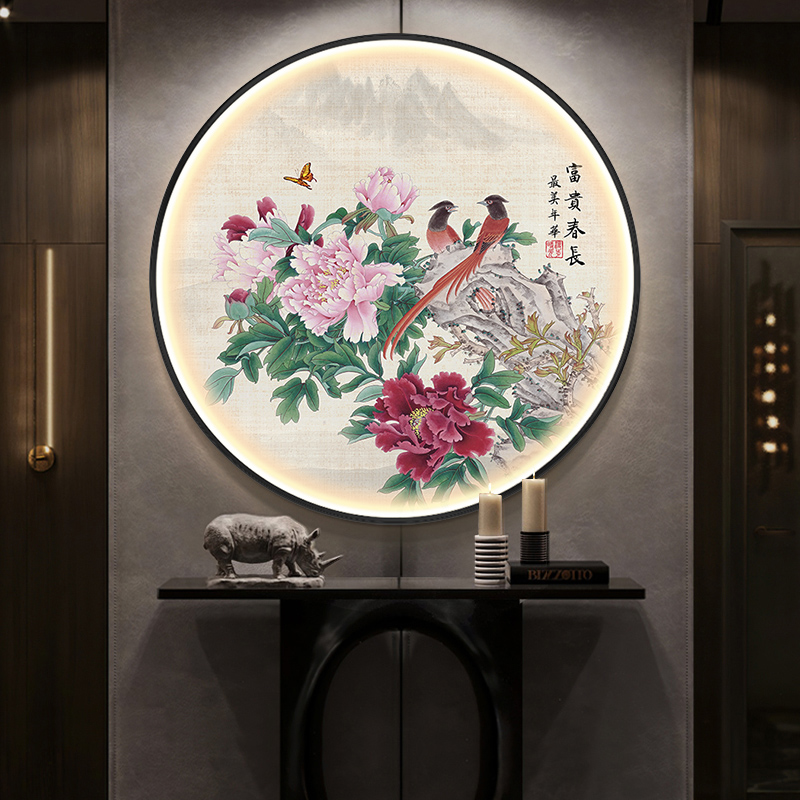 新中式牡丹入户玄关装饰画客厅卧室墙壁挂画走廊过道花开富贵灯画图片