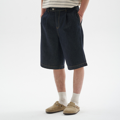 BUTTBILL 25SS日系休闲水洗做旧原浆丹宁褶裥牛仔七分裤子男短裤