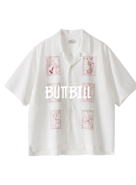 BUTTBILL25SS无感水浆印花复古短袖衬衫男古巴领衬衣外套上衣服