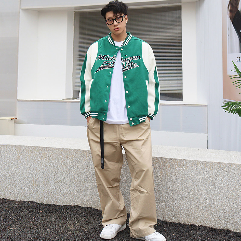 美式绿色棒球服男24秋冬加厚款休闲宽松运动飞行员夹克外套潮情侣