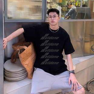 情侣百搭短裤 T恤圆领夏潮流简约印花纯色纯棉休闲宽松男女装 短袖