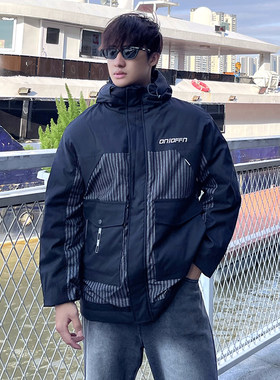 大码男装胖子冬宽松连帽羽绒服保暖加厚工装连帽外套鸭绒防风上衣