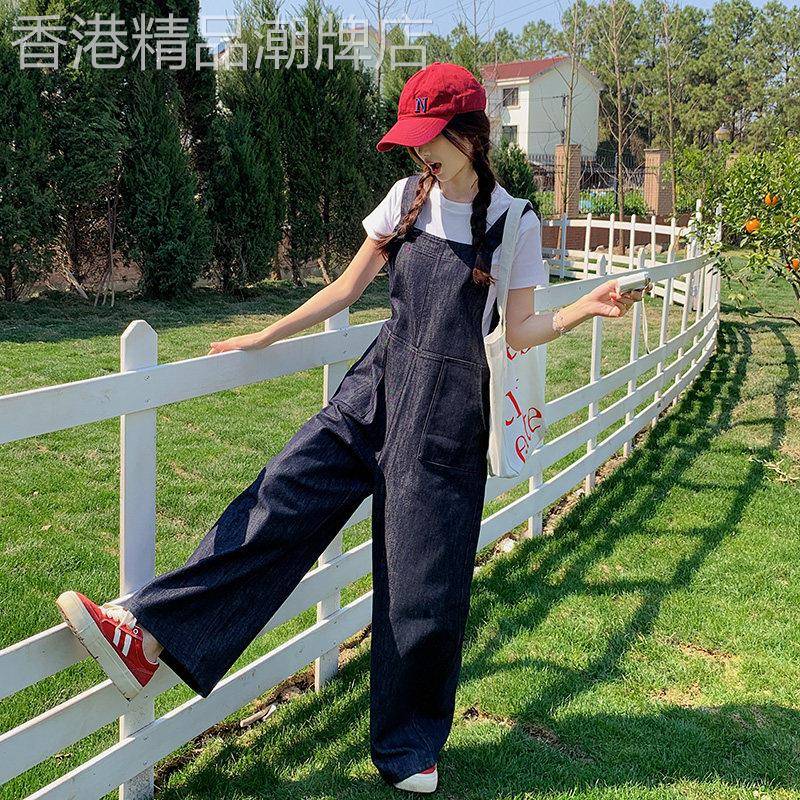 白色T恤薄牛仔背带裤套装女2026夏季小个子穿搭休闲阔腿裤两件套
