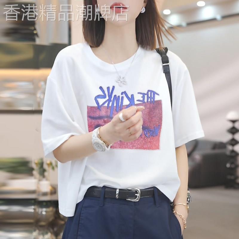 白色圆领短袖T恤女士夏季2026新款百搭宽松字母印花T恤洋派上衣