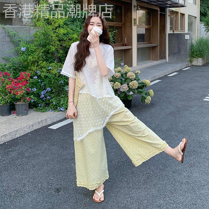日系少女感百搭套装裙女2026年夏季蕾丝绣花上衣木耳边印花阔腿裤