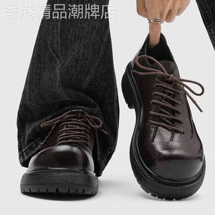 斜系带设计真皮德比鞋棕色增高鞋厚底大头通勤覆古男女款大头皮鞋