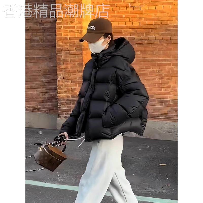 黑色短款泡芙羽绒服女2025冬季新款加厚白鸭绒连帽面包服保暖外套