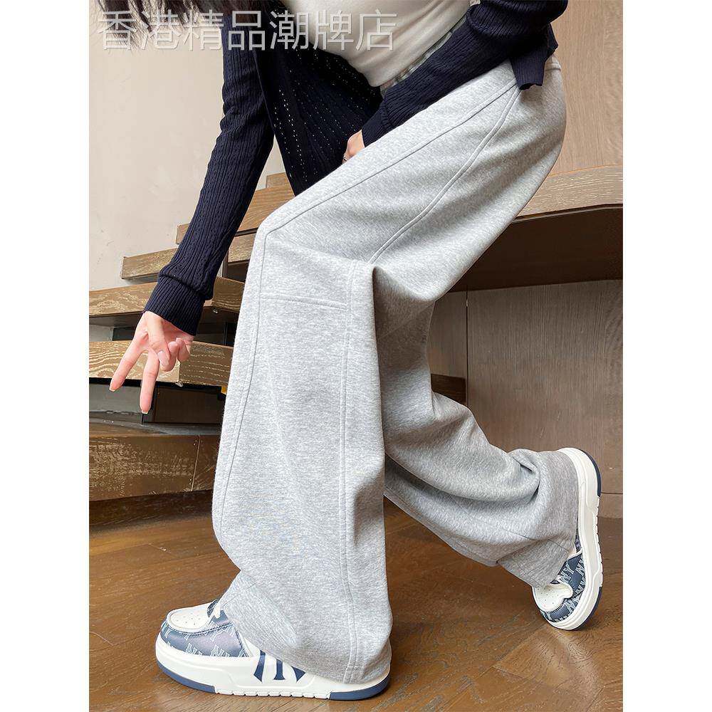 灰色弯刀阔腿运动裤女秋冬2025新款高腰宽松休闲直筒窄版香蕉卫裤