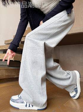 灰色弯刀阔腿运动裤女秋冬2025新款高腰宽松休闲直筒窄版香蕉卫裤