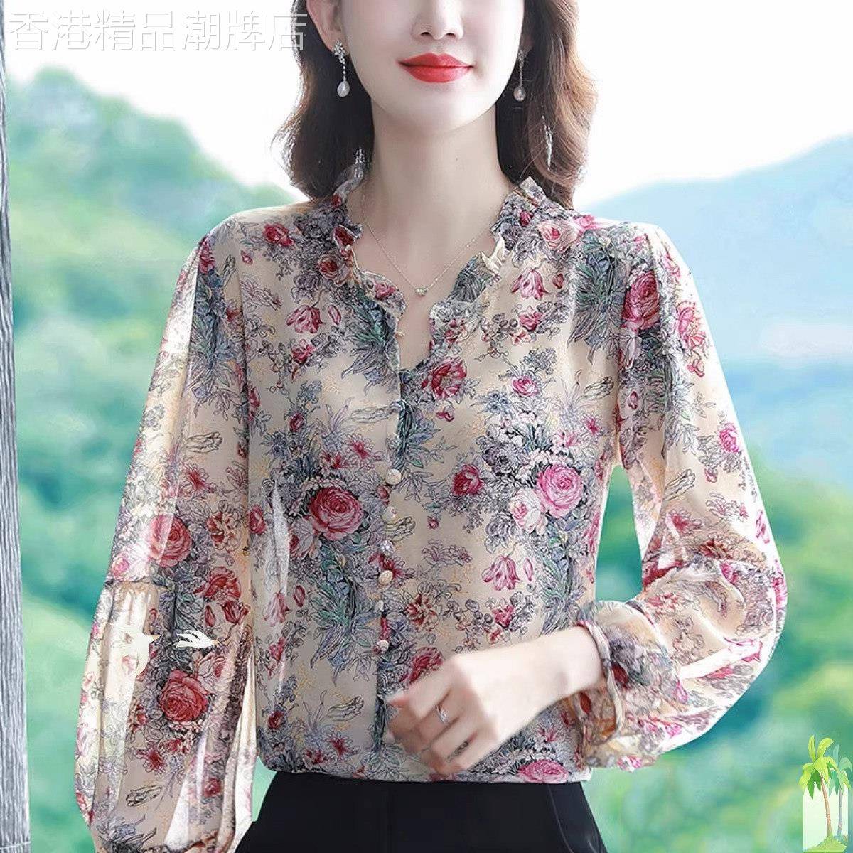 碎花雪纺衬衫女士长袖春秋2025年新款洋气设计感小众印花衬衣上衣