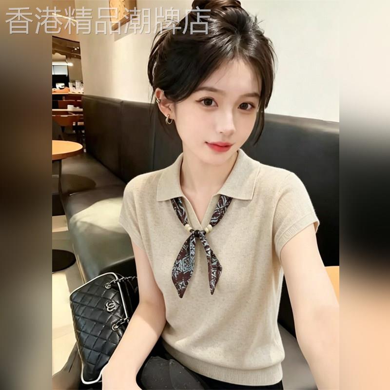 潮牌老钱风polo领针织短袖女2026夏季飘带高级感洋派上衣背心气质
