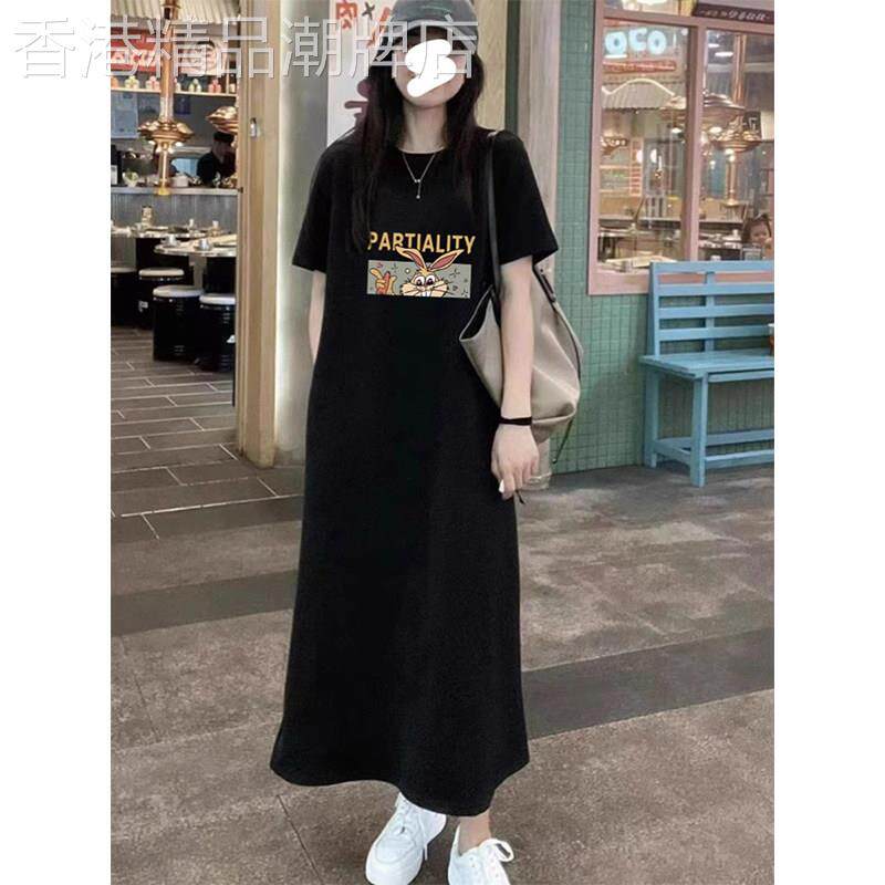 黑色纯棉印花短袖t恤裙女夏季宽松大码休闲中长款过膝显瘦连衣裙