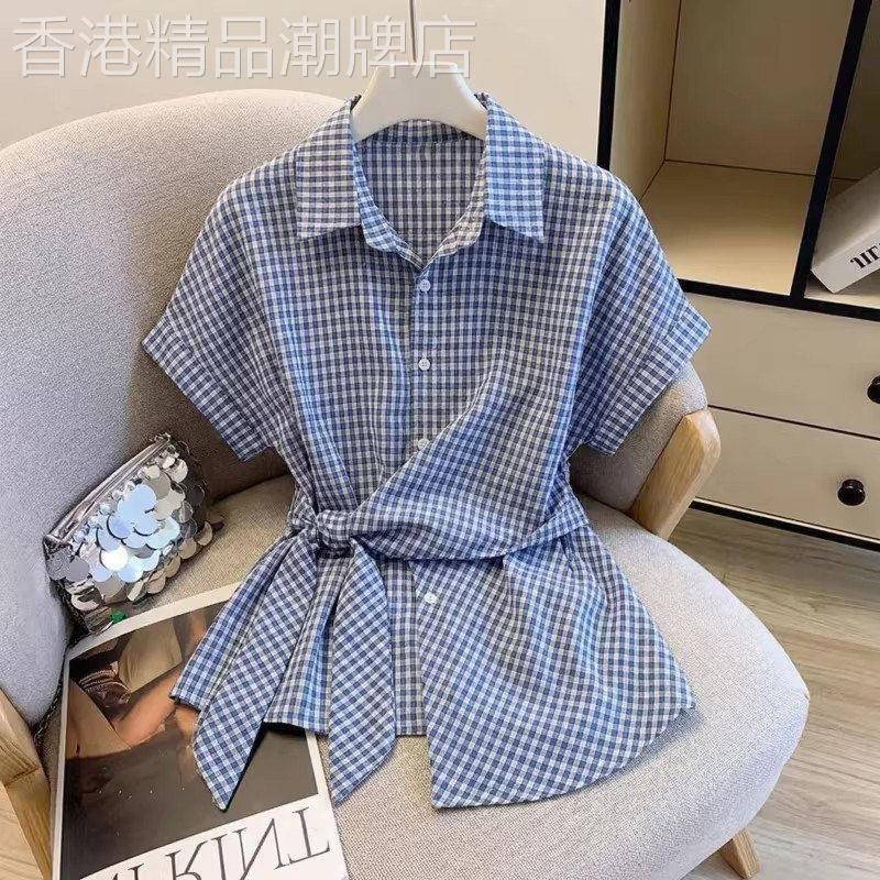 浅蓝色格子正肩短袖衬衫女2026夏新款大尺码胖mm不规则绑带收腰上