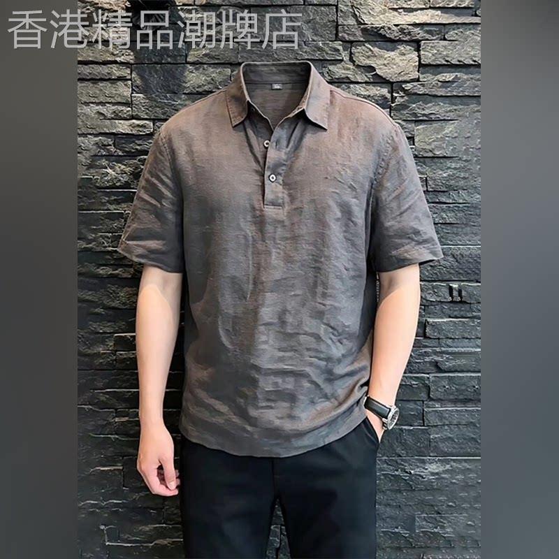 轻奢男款深灰色老钱风短袖2026夏季轻薄棉麻T恤速干人夫感polo衫