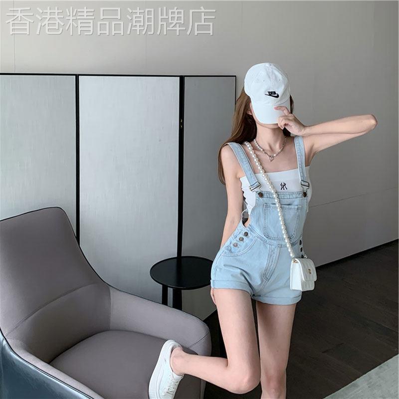 潮牌网红减龄牛仔背带短裤女夏季韩版高腰宽松显瘦卷边吊带连体裤