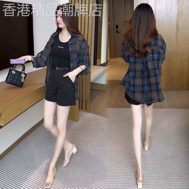 格子衬衫女中长款2026年夏季新款时尚气质显瘦长袖防晒薄款上衣潮