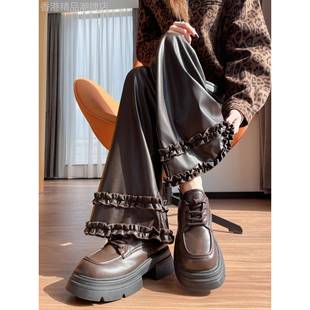 木耳边阔腿皮裤女2025年秋冬季新款高腰宽松垂感显瘦直筒休闲裤子