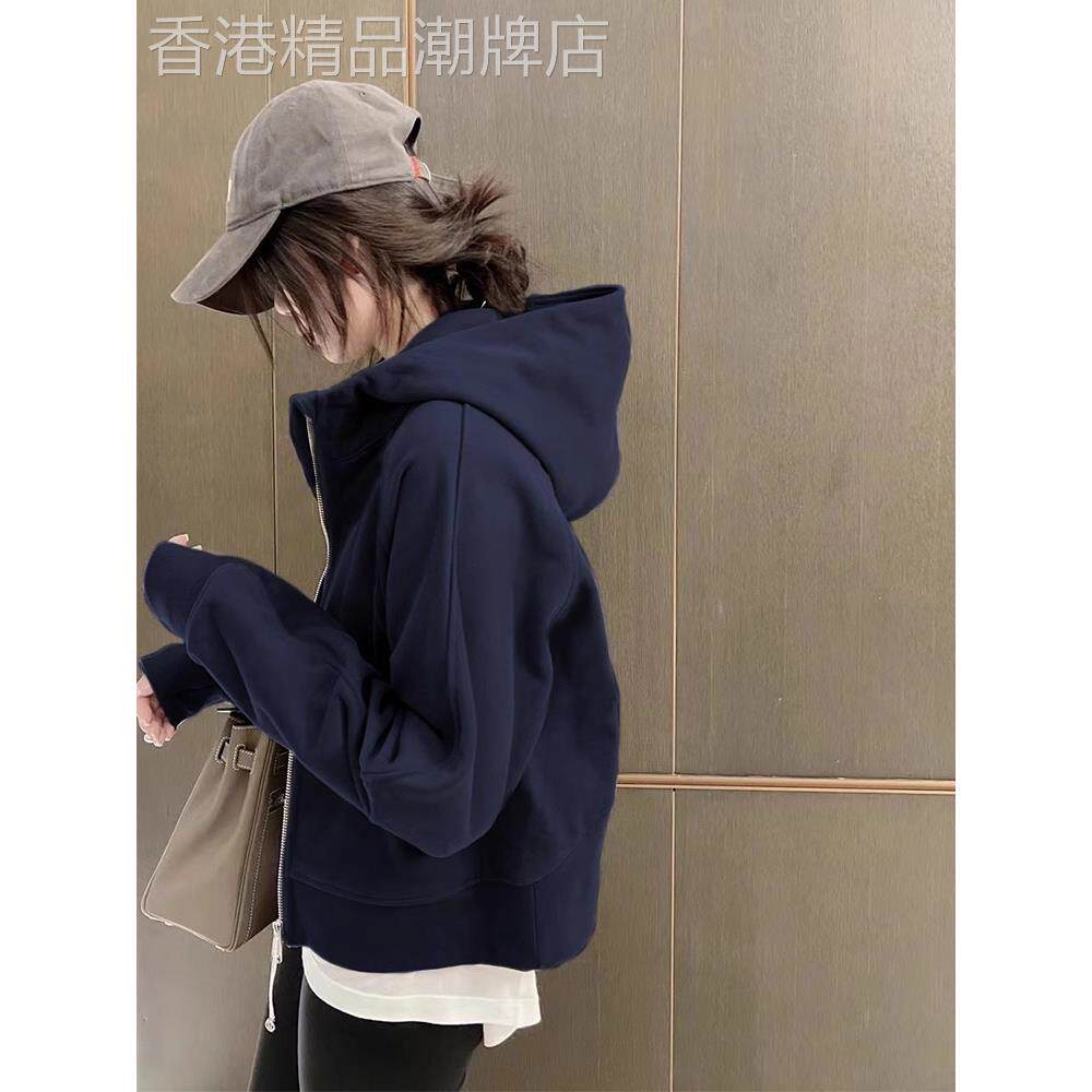 藏青色短款外套女装初秋新款韩系小个子显高正肩修身显瘦连帽卫衣