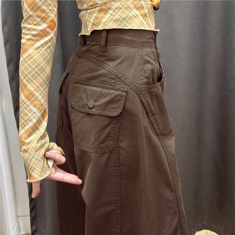 美式棕色弯刀工装运动裤女春秋2026新款高腰显瘦百搭小个子阔腿裤