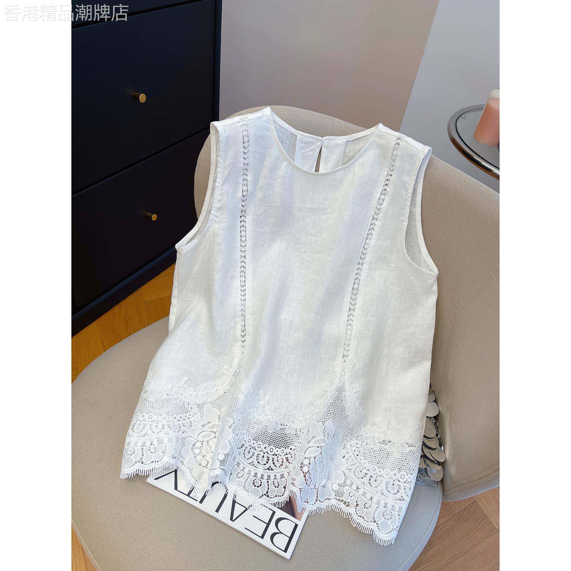 潮牌夏季纯色蕾丝拼接镂空假两件无袖衬衫女洋气薄款宽松舒适小衫