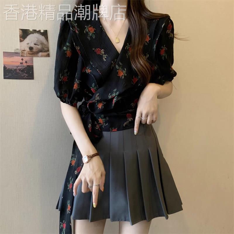 法式雪纺衬衫女短袖夏季薄款2026新款大码设计感小众碎花衬衣上衣