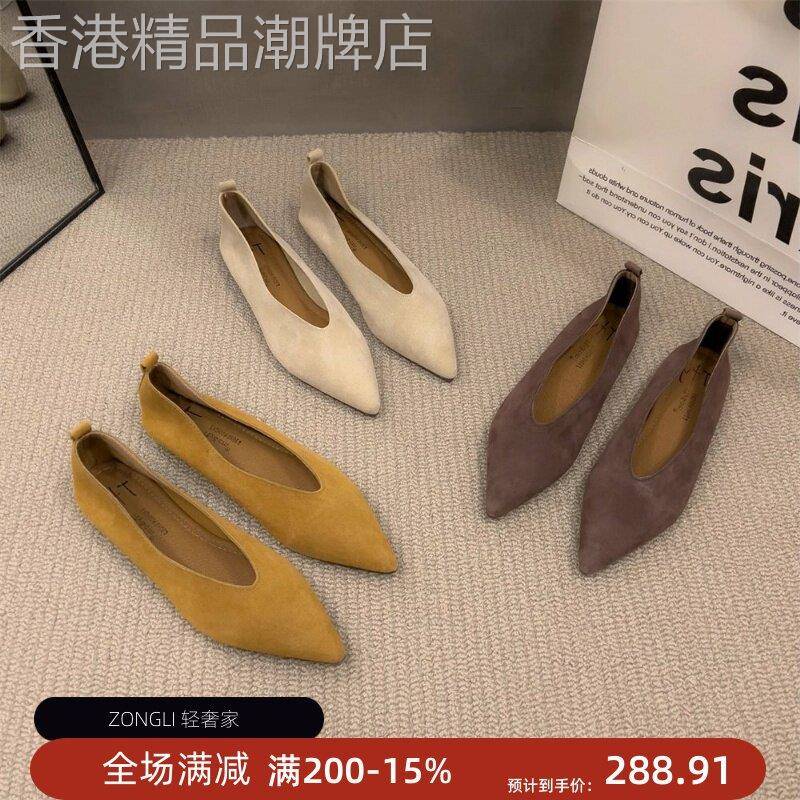 香港复古韩版尖头包鞋女春夏2026年新款浅口平底休闲舒适真皮瓢鞋