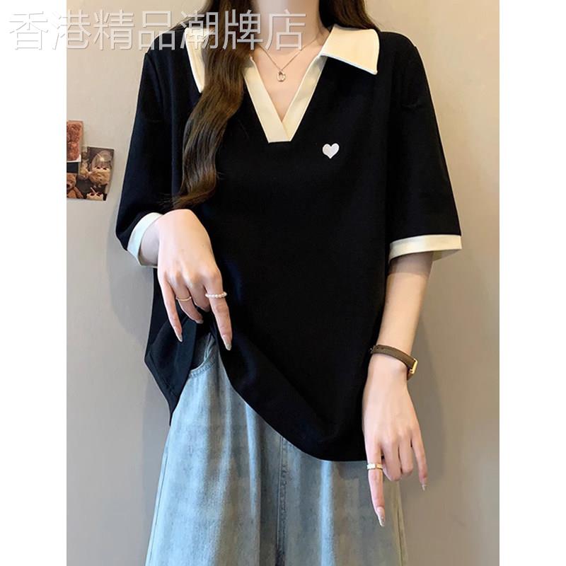 大码女装遮肚子正肩POLO衫女夏季胖妹妹宽松显瘦复古刺绣短袖上衣