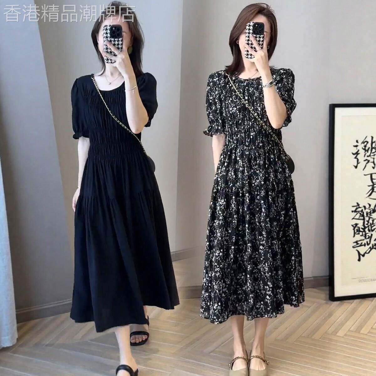 高级感气质时尚碎花短袖洋装女2026夏季新款显瘦黑色褶皱长裙子