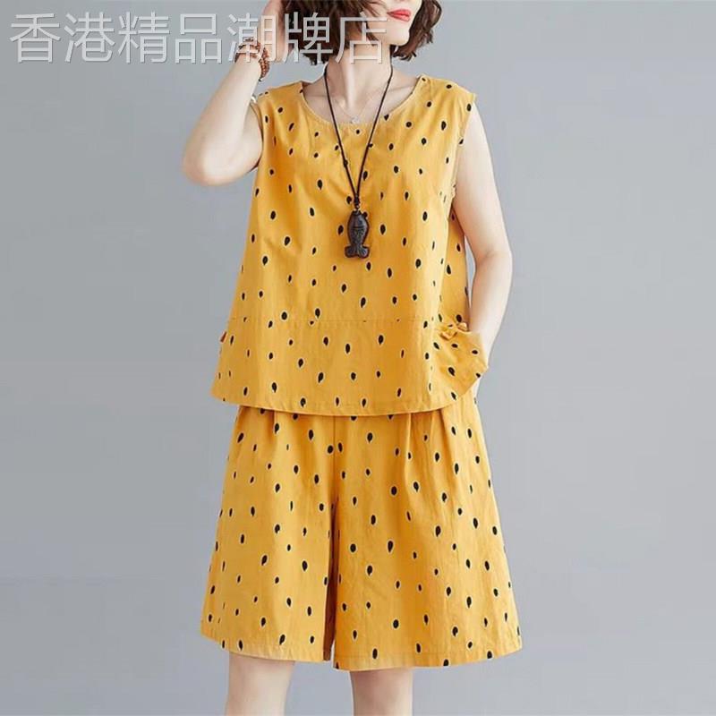 潮牌棉绸睡衣女夏季休闲妈妈装背心短裤棉麻两件套宽松家居服套装