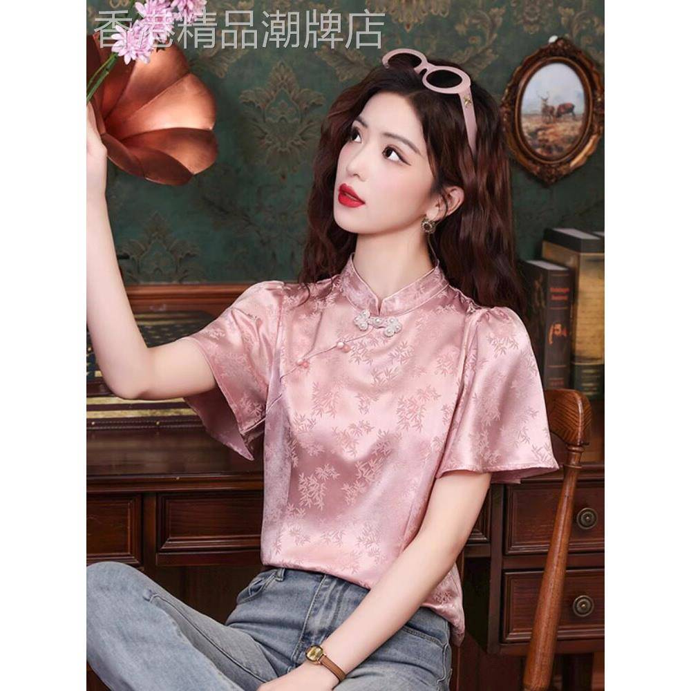 粉色立领盘扣短袖衬衫女夏季新款泡泡袖气质小衫覆古提花缎面上衣