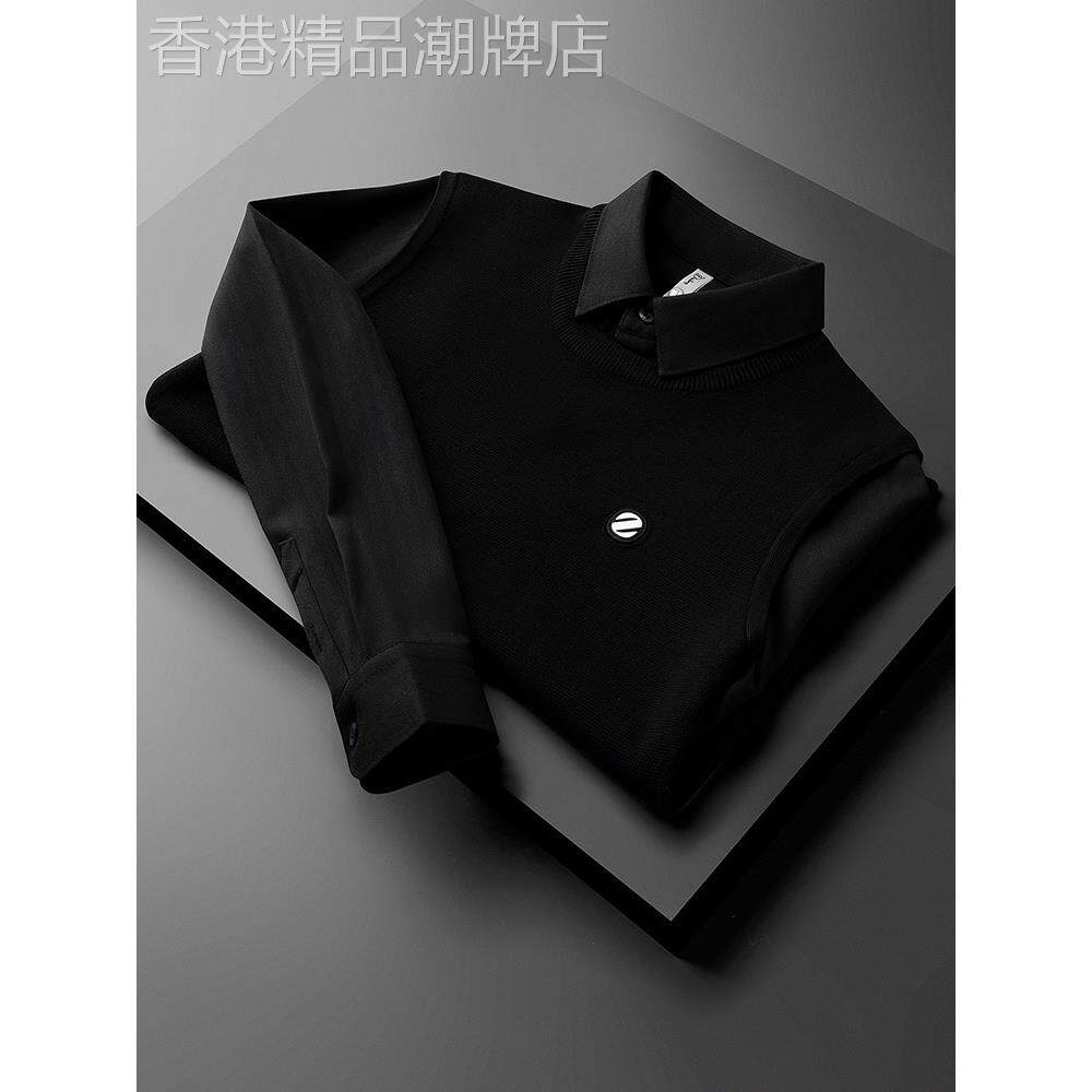 高档黑色假两件针织衫男士冬季加厚保暖商务休闲修身衬衫领毛衣男