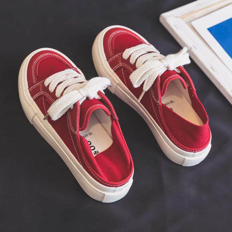 香港真皮厚底红色帆布鞋女款春夏2026新款不累脚两穿休闲运动板鞋