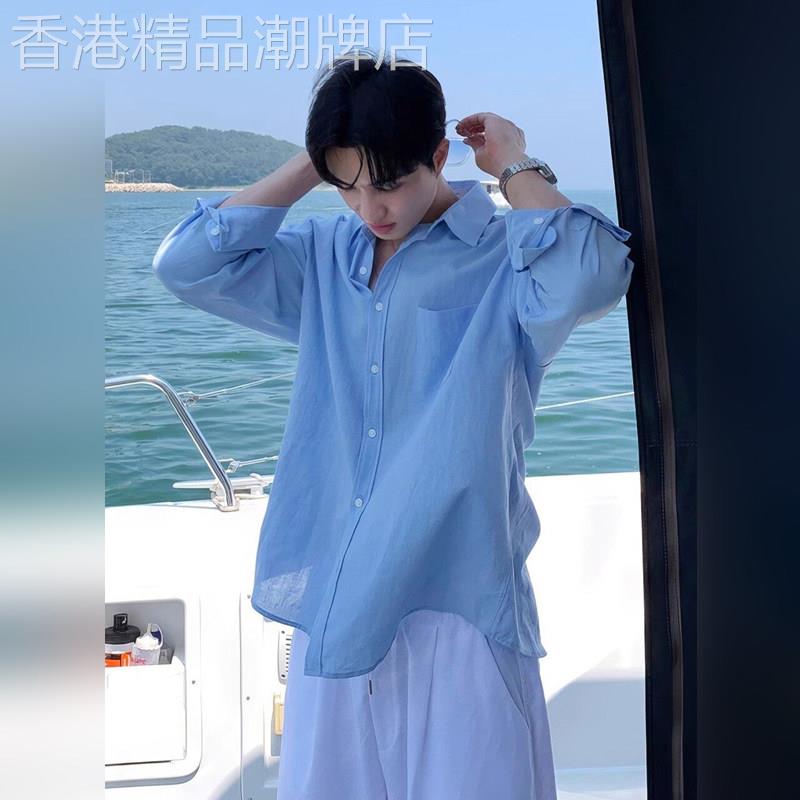 高端韩版浅蓝色亚麻长袖衬衫男士夏季高级感薄款透气度假防晒衬衣