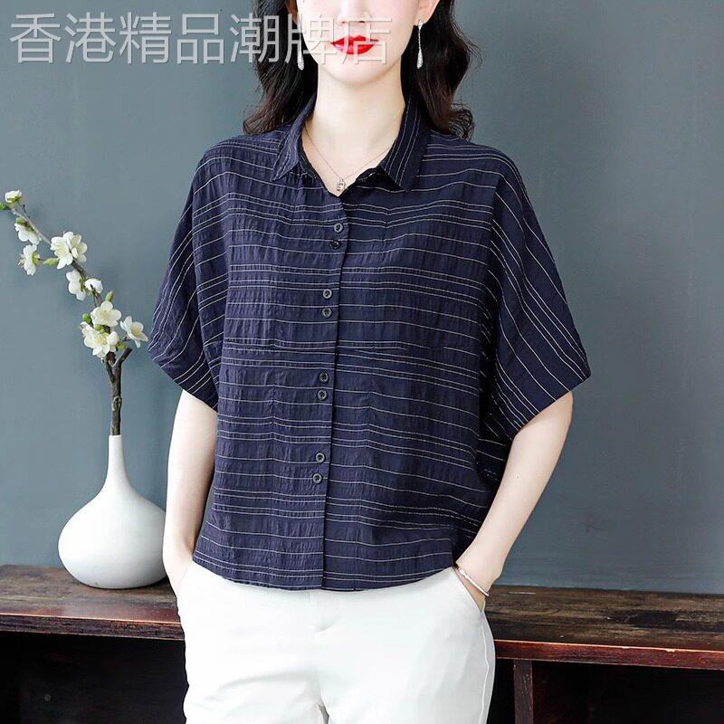 休闲棉麻短袖女生衬衫夏季2026新款宽松显瘦条纹上衣妈妈百搭衬衣