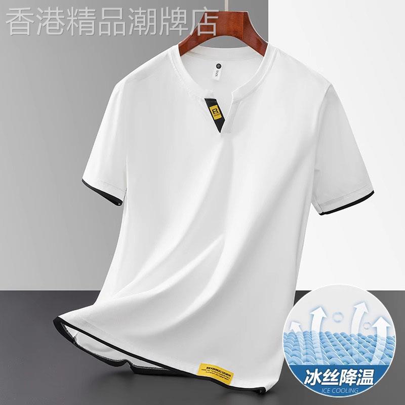 冰丝V领T恤男短袖2025夏季轻薄款男士冰感潮牌POLO衫简约百搭上衣