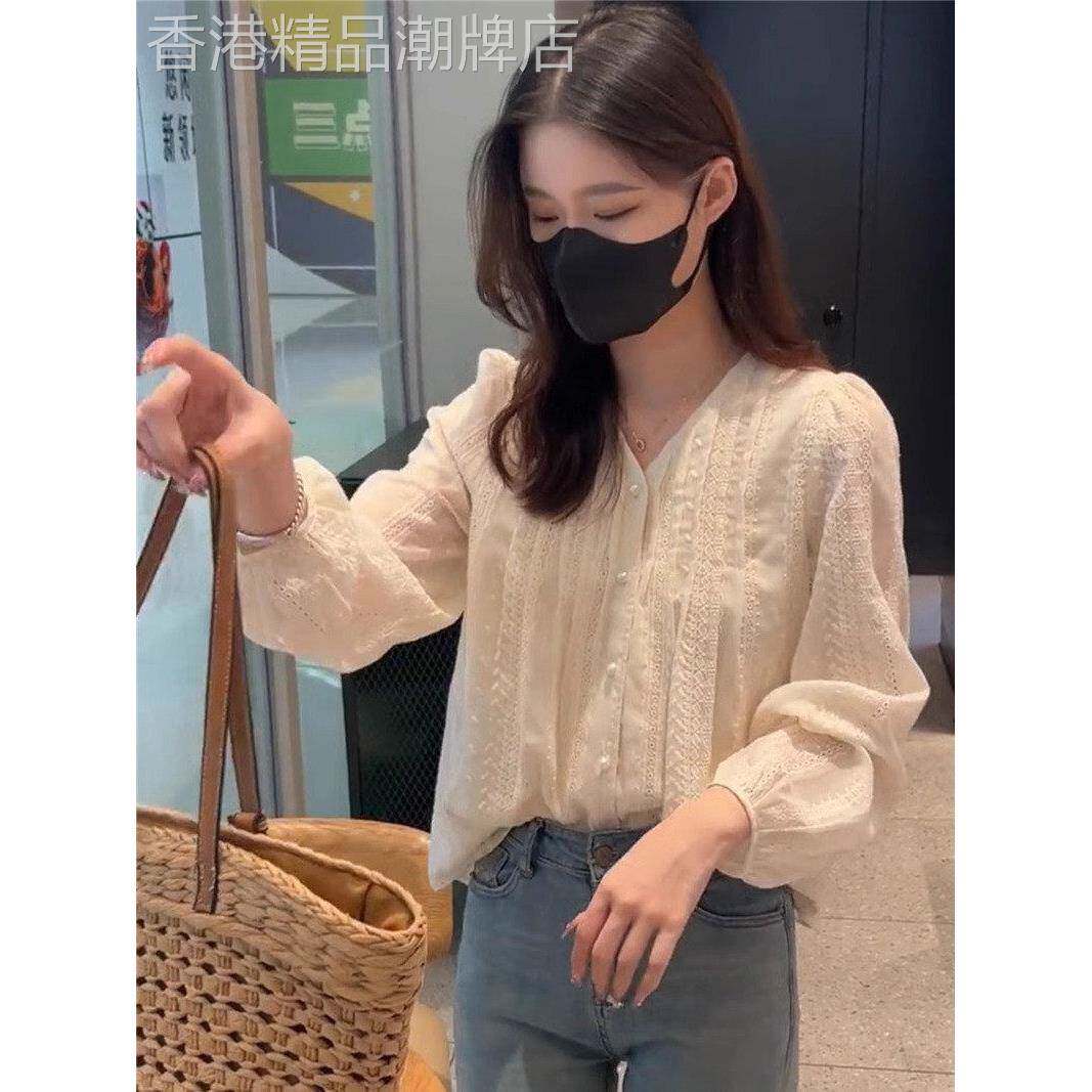 欧洲站蕾丝刺绣衬衫女宽松设计感2025新款春秋V领法式泡泡袖上衣