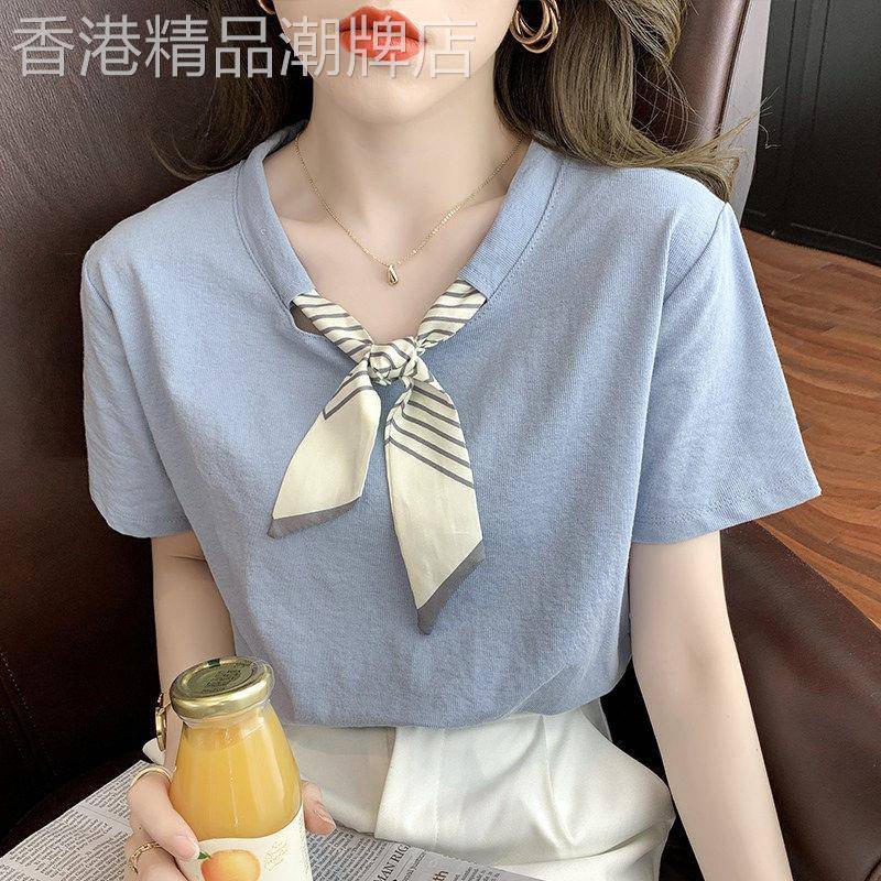 小香风短袖女夏新款薄时尚领结丝带设计气质温柔T恤正肩圆领上衣