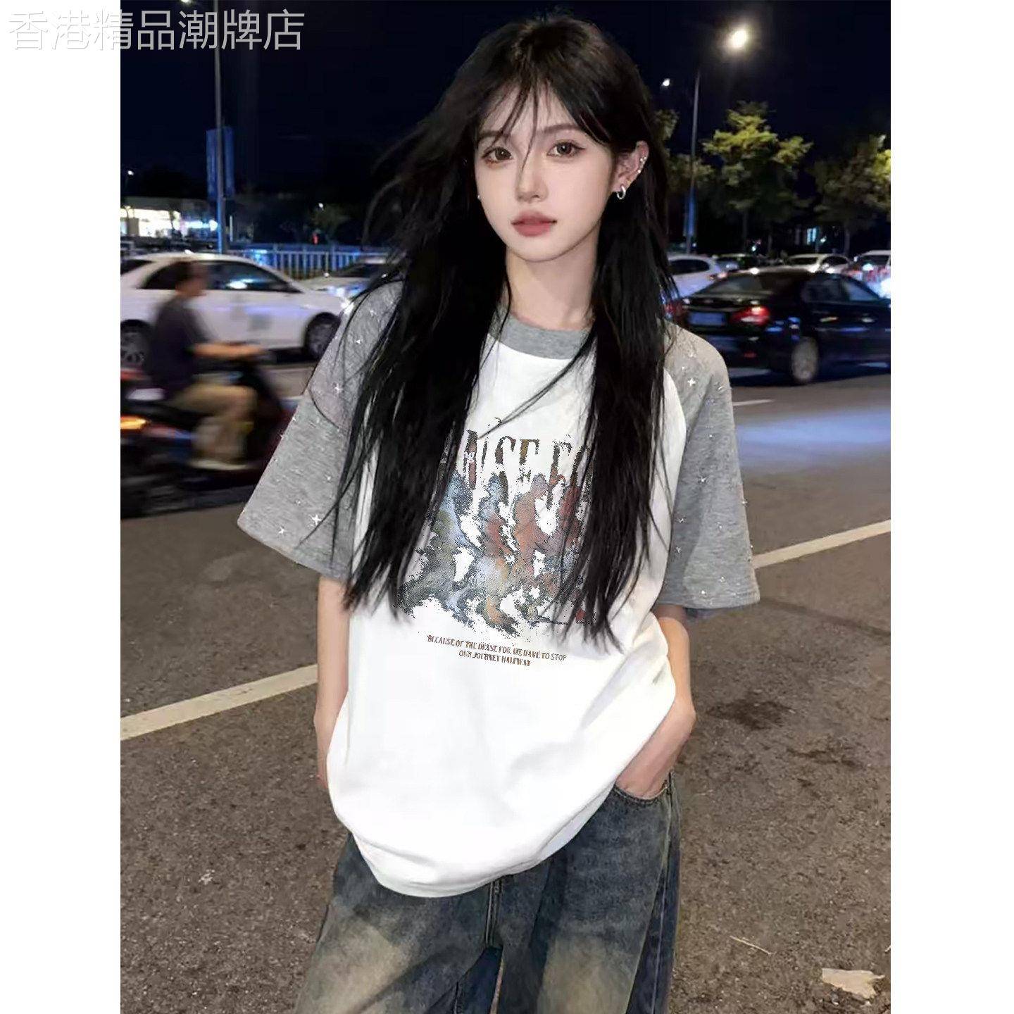 港风潮牌袖子亮片星星纯棉短袖T恤女夏季爆款宽松大码中长款上衣