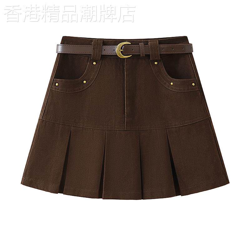 棕色美德拉覆古牛仔百褶裙女2025秋冬新款小个子时尚a字半身短裙