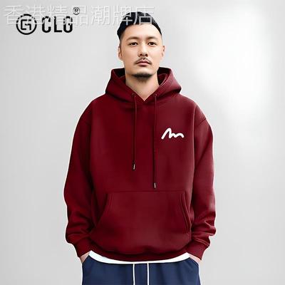 香港CLG潮牌秋冬连帽卫衣日系纯棉男酒红色本命年简约小M印花外套