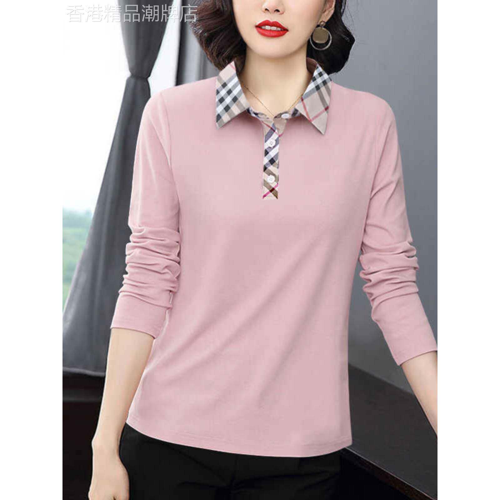 翻领长袖t恤女春秋2025年新款宽松显瘦妈妈有领纯棉小衫减龄上衣