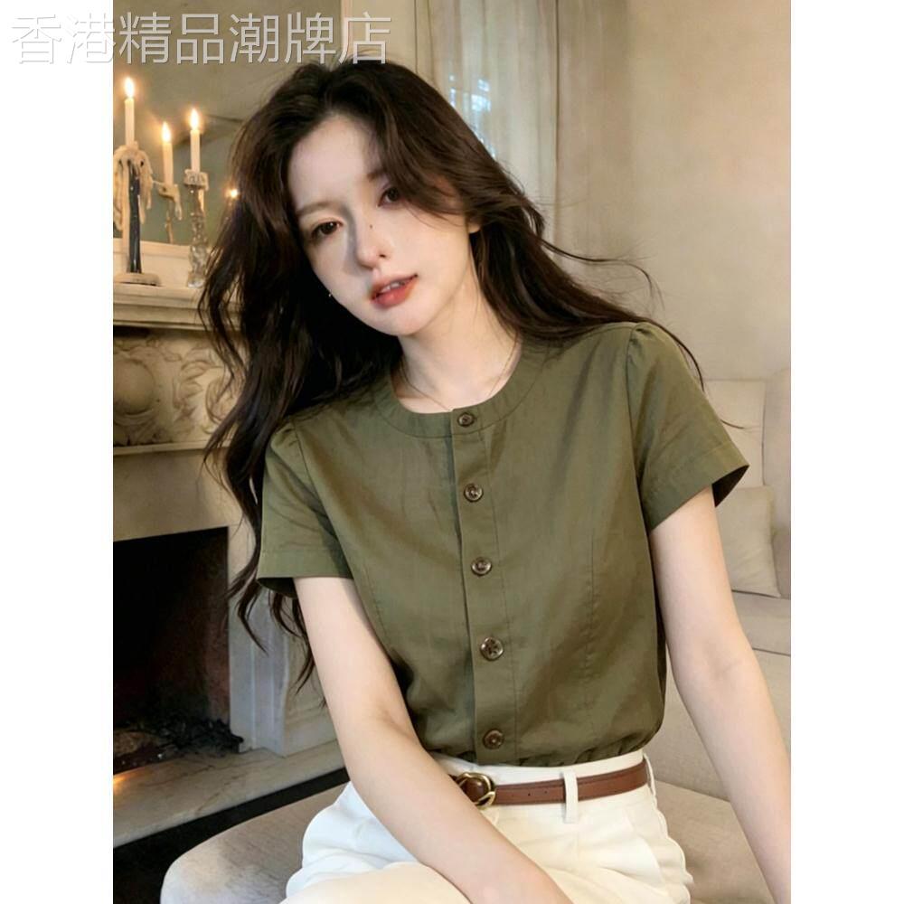 法式优雅淑女风绿色圆领短袖衬衫女夏季款独特简约百搭冷淡系上衣