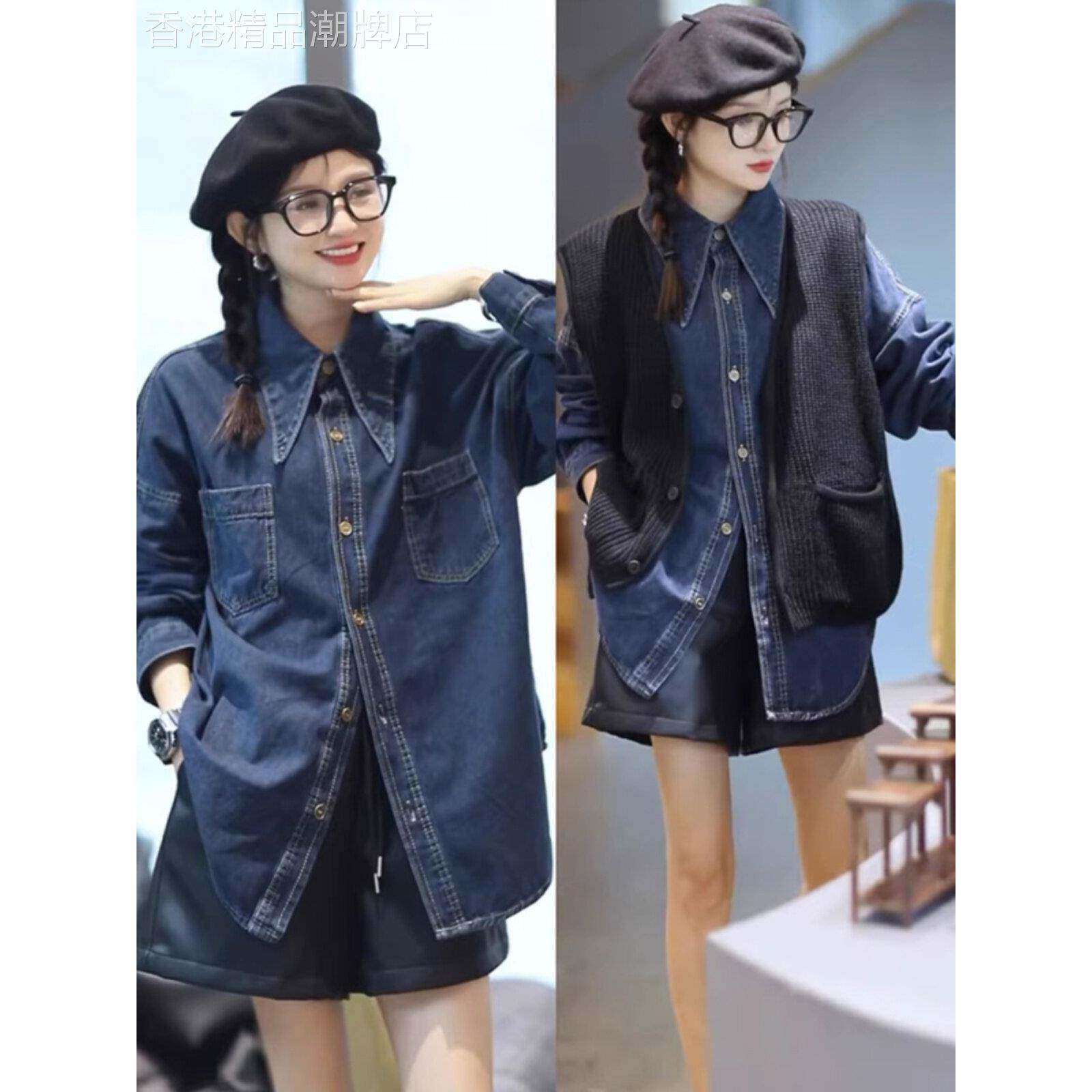 牛仔衬衫外套女2025春秋新款欧货叠穿上衣休闲宽松长袖尖尖领衬衣