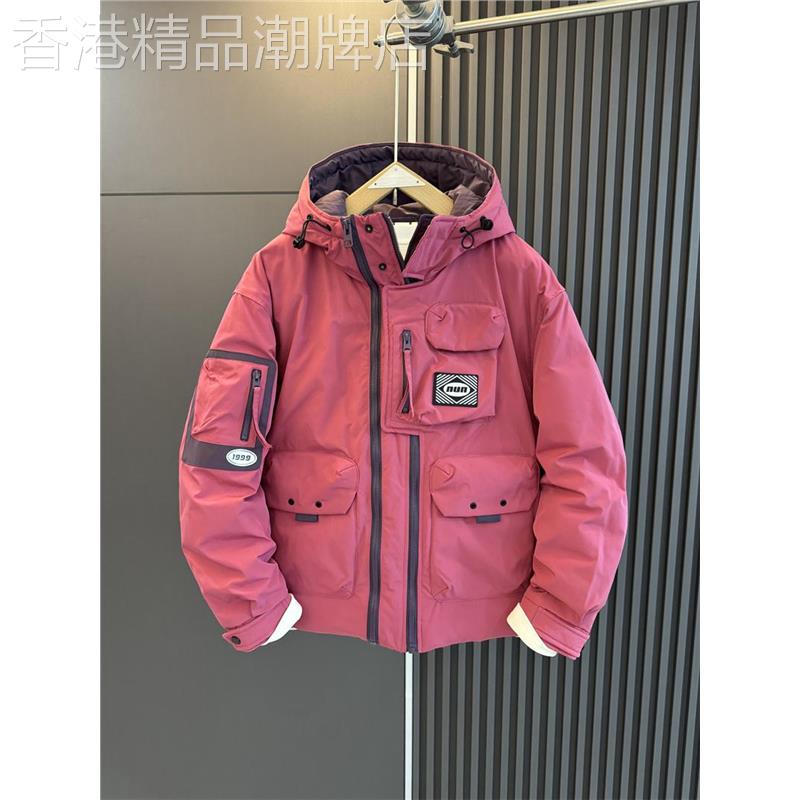 代购多口袋工装连帽白鸭绒羽绒服青年户外加厚夹克宽松情侣外套潮