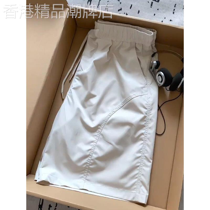 米色斜切拼接速干百搭短裤男士美式冰丝运动外穿沙滩四分工装裤子