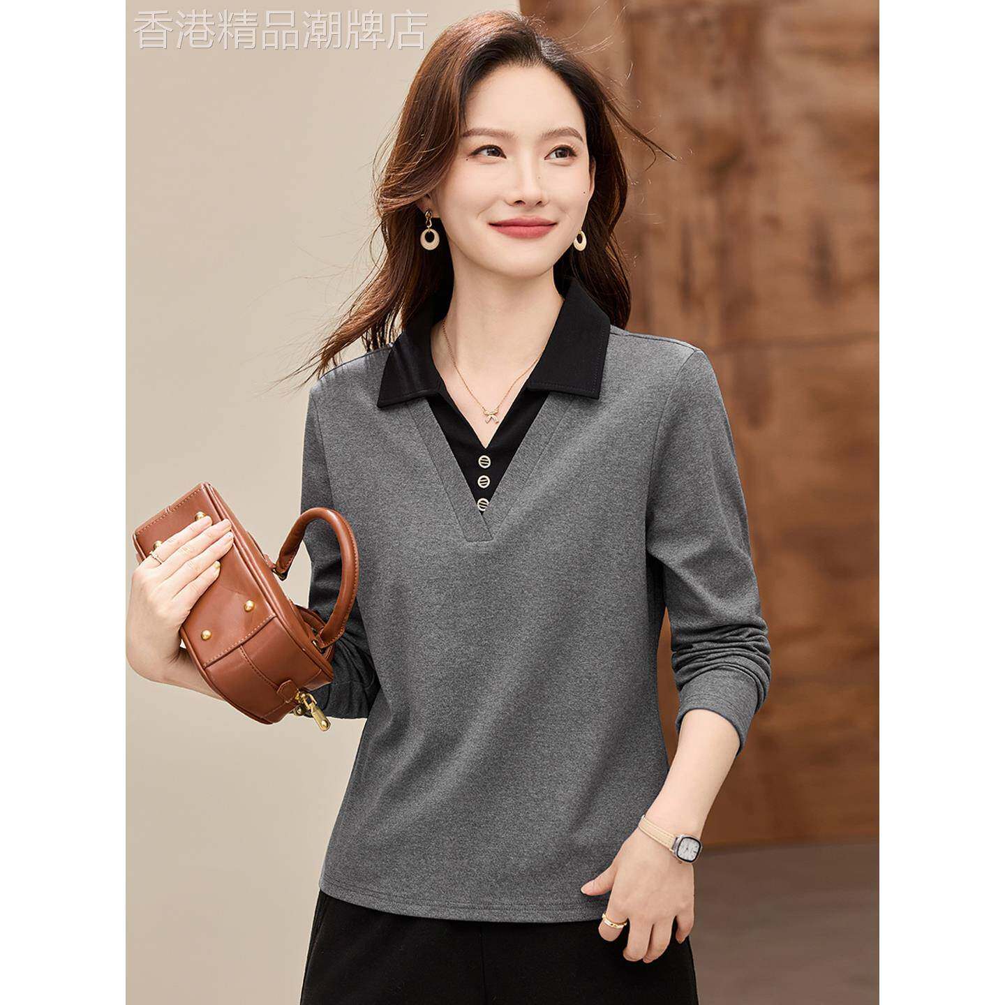 翻领假两件长袖t恤女春秋2025新款女装减龄polo衫打底衫洋气上衣