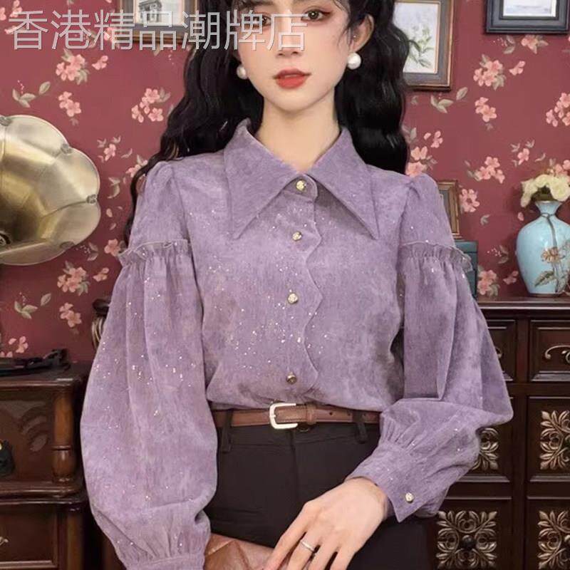 港风复古泡泡袖紫色衬衫女欧货通勤风亮丝拼接显瘦高级感洋气上衣
