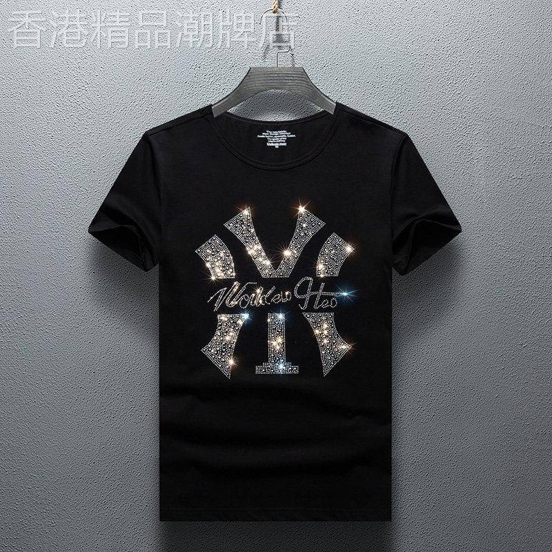 欧洲站短袖T恤男潮流烫钻丝光棉大尺码休闲T恤潮牌修身圆领半袖男