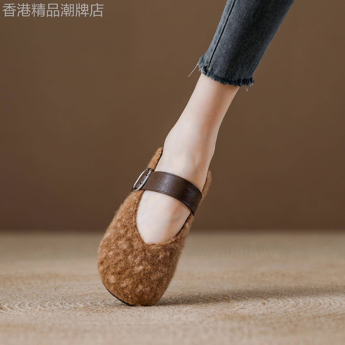 西班牙小众品牌ONGYSL冬季法式玛丽珍毛毛鞋外穿加绒浅口单鞋女